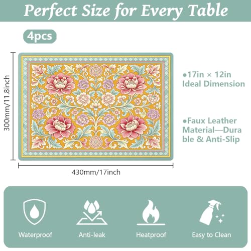 Peacoblue Placemats Set of 4,Faux Leather Vintage Flowers Design - style: Vintage Flowers