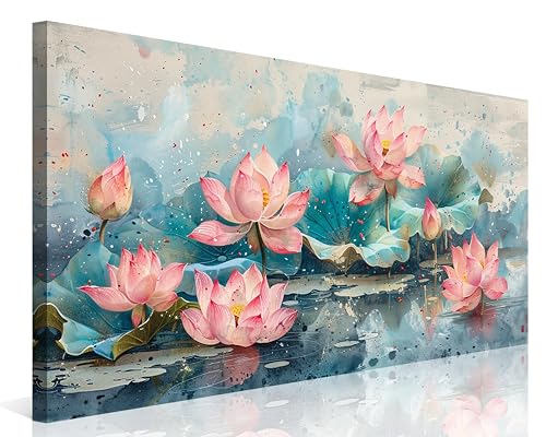 NAN Wind 1Pcs Pink Lotus Flowers Canvas Prints Wall Art Green Leaves and Blooming Water Lilies Framed Wall Decor Ready to Hang Nature-Inspired Floral Decorative Art for Living Room Bedroom Office - color: Pink Lotus-One Piece, size: 40"L x 20"W
