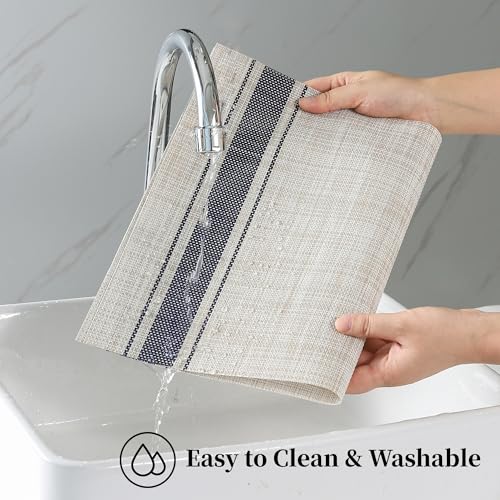 Leetaltree Khaki-Blue Placemats, Heat Resistant Non-Slip Place mats for Dining Table, Washable Durable PVC Vinyl Woven Table Mats (Set of 8) - color: H1- Khaki Blue, size: Set of 8