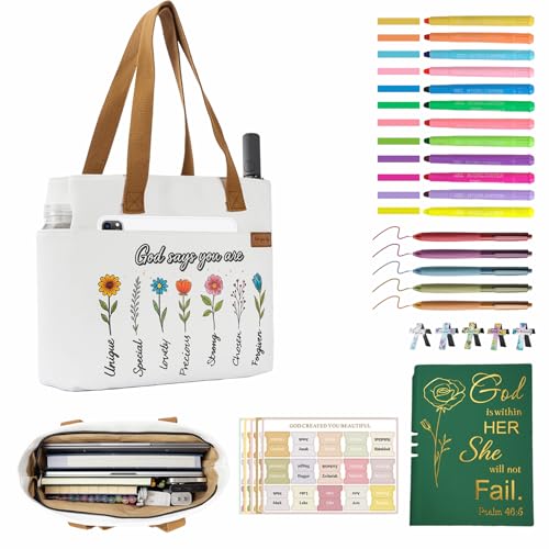 25 PCS Bible Study Supplies Kit, Large Capacity Canvas Tote Bag for Women Organizer, Bible Highlighters and Quick Dry Pens No Bleed Through, Notebook Bible Tabs Cross Bookmark Journaling Accessories - color: White