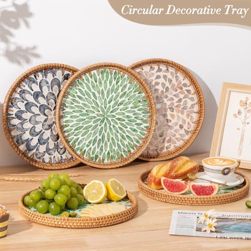 Round Rattan Tray with Mother of Pearl Inlay, Coffee Table Wicker Tray with Wooden Base, Decorative Trays for Home Decor and Display of Coffee Food Fruit Bread (Green Wicker)