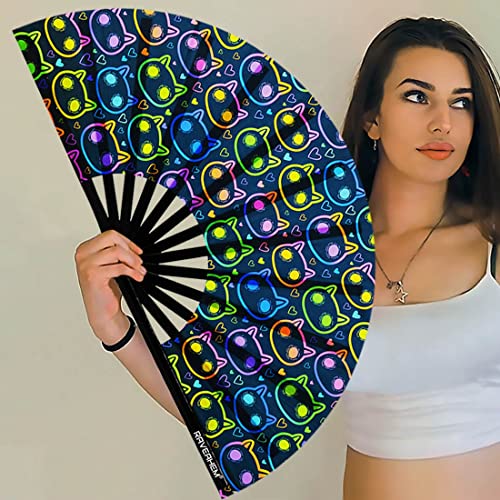 UV Glow Rave Fan, Bamboo Folding Clack Hand Fans Foldable for Men Women, Poping Fan for EDM Festival Line Dance Decoration, (Cute Cat, Large 13") - color: Cute Cat, size: Large 13"