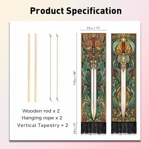 PLIGREAT 2 Pack Fantasy Weapons Vertical Tapestry Swords Aesthetic Wall Hanging for Bedroom Bathroom Living Room Vintage Long Narrow Wall Hanging Dorm Room Home Art Decor - color: green,brown