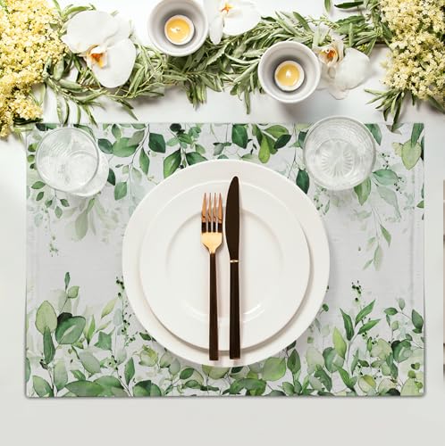 Sage Green Leaf Placemats Set of 4 Eucalyptus Leaves Place Mats 12×18 Inch Spring Summer Rustic Vintage Farmhouse Washable Linen Fabric Table Mats for Party Kitchen Dining Outdoor Indoor Decor - color: Eucalyptus Leaves