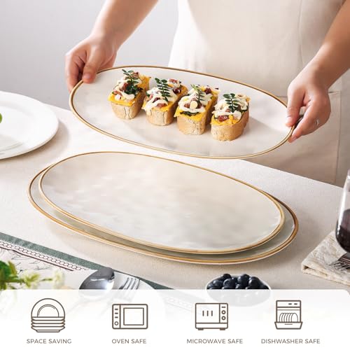 Ceramic Oval Serving Platter with Brown Rim: 15.6/14.3/12.9 Inch Large Serving Dishes for Entertaining Party, Turkey, Steak, Ham, Microwave Dishwasher Safe - color: White, size: Oval