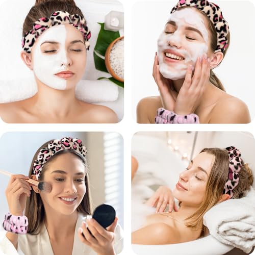 Tetizo Spa Headbands for Washing Face Wristband Set Sponge Makeup Skincare Headband Wrist Towels Bubble Soft Terry Towel Cloth Hairband for Women Puffy Headwear Non Slip Thick Thin Hair Headwear - color: Leopard Red