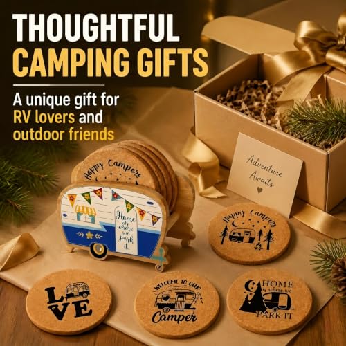 Cool Happy Camper RV Coasters Set of 4 with Holder - color: New Blue