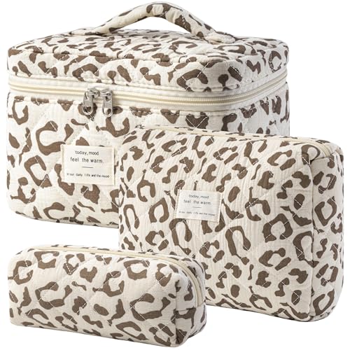 HBselect Quilted Makeup Bag, 3Pcs Cotton Large Travel Makeup Bags Organizer - color: A-3PCS-Floral 30
