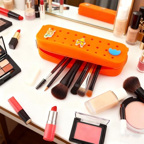 1 Pack Cute Silicone Pencil Case Pencil Pouch with DIY Holes and 3 Decoratives(Random) Travel Makeup Brush Bag suitable for travel home7.81inch (Orange) - color: Orange