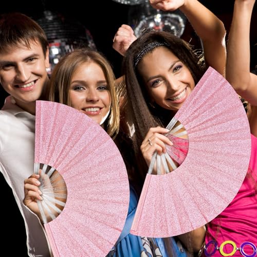 EOSAU 13" Glitter Folding Hand Fans Foldable, Clacking Fans for Women Pink - color: 13" Pink 03