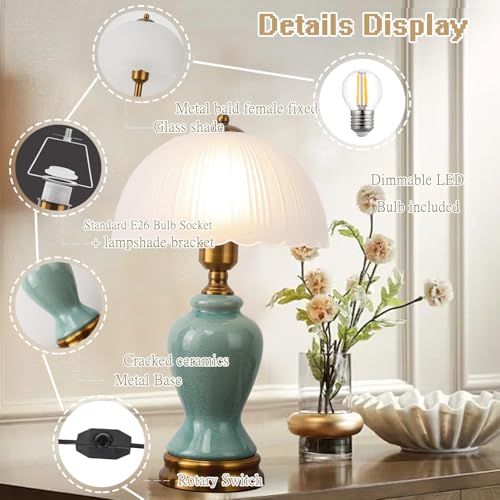 Ceramic Table Lamp Dimmable for Living Room, 16" Modern Vintage Bedside Nightstand Lamps with White Glass Shade,Classic Chinoiserie Retro Bedroom Lamp for Night Stands, Dorm,Office, Home Decor - color: Green vase