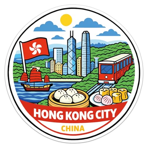 Cartoon Style China Hong Kong City Sticker - Waterproof Outdoor Vinyl Decal, 3 Inch - color: Cartoon Style China Hong Kong City, size: 3'' longer side