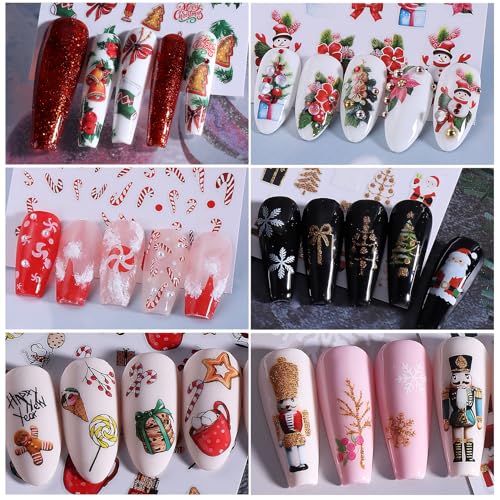Christmas Nail Art Stickers Decals 16PCS 3D Self-Adhesive New Year Sticker for Nail Art Santa Claus Tree Elk Snowman Gonks Red Designs DIY Xmas Winter Decor Nail Art Supplies for Women - style: Christmas