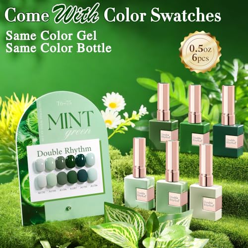 Double Rhythm 6 Pcs 15 ML Gel Polish Set Same Color Same Bottle Soak Off Gel Polish Kit Nail Art Manicure Salon DIY at Home for Women (Dark Mint Frost Sage Green Gray-T6-75) - color: Mint Green