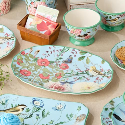 Flora Ceramic Oval Platter – 14" x 10" Large Decorative Serving Dish with Pastel Floral, Butterfly, and Bird Patterns, Perfect for Appetizers, Charcuterie, and Dessert