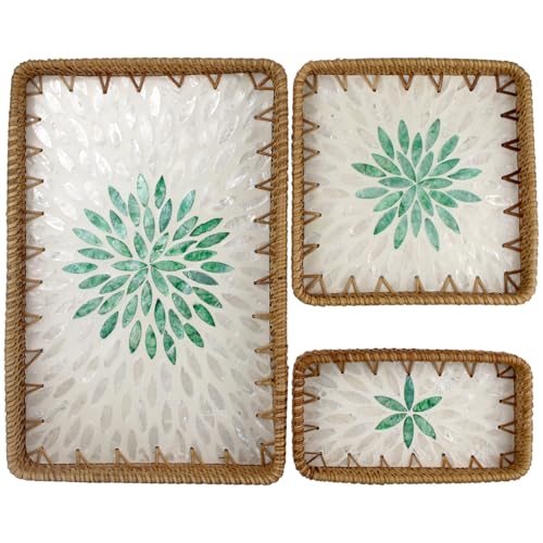 Rectangle Rattan Serving Tray with Mother of Pearl Inlay, Handmade Wicker Coffee Table Basket for Fruit Bread Food Tea Party Picnic Table Kitchen Home Boho Decor 3 Sizes (Green Flower) - color: Green Flower