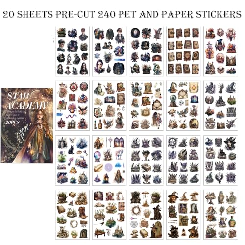 Fantasy Scrapbook Stickers 20 Sheets 240 Pre-Cut Magic Washi Stickers for Journaling PET Transparent Book Sticker Decorative or DIY Paper Crafts, Arts and Crafting Projects - color: Star Academy