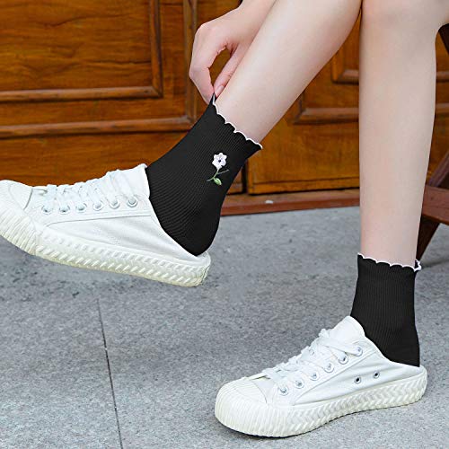 zrylibya Women Ruffle Frilly Floral Embroidery Scallop Ankle Socks 5 Pairs - color: Multicolor a