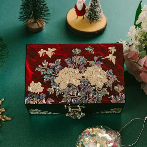 February Mountain Korean Mother of Pearl Jewelry Box – Red Floral Peony Design with Butterfly Clasp, Removable Velvet Tray – Christmas Gift for Women, Birthday, Anniversary, Keepsake Storage - color: Red