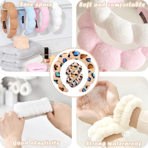 Tetizo Spa Headbands for Washing Face Wristband Set Sponge Makeup Skincare Headband Wrist Towels Bubble Soft Terry Towel Cloth Hairband for Women Puffy Headwear Non Slip Thick Thin Hair Headwear - color: Leopard brown