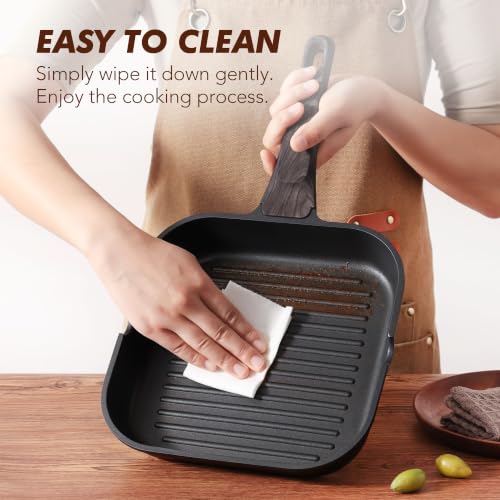 SENSARTE Nonstick Grill Pan with Lid, Grill Pan for Stove Tops, Versatile Griddle with Pour Spouts, Square Big Cooking Surface, Durable Skillet Indoor & Outdoor Grilling. PFOA Free, 11 Inch - color: Classic Black, size: 11 Inch