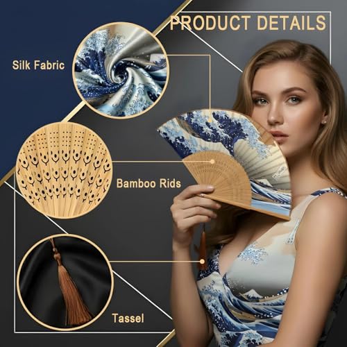 Lysa Hand Fan for Women Foldable - Portable Folding Japanese Chinese Fan - for Hot Flashes, Summer Cooling, Festivals, Church, Dancing (Kanagawa Wave) - color: Kanagawa Wave