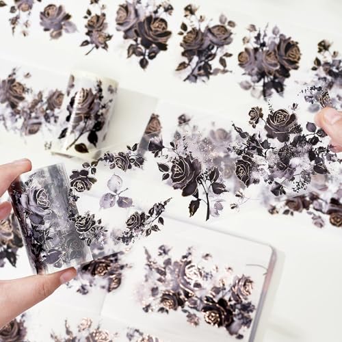 WT Rose Noir Wide PET Tape Gilded,Single Roll,Original Designs,Black Floral Decors,Transparent Clear Adhesive Tape,Gold Foil,Scrapbooks Junk Bujo Journals Planners DIY Crafts Supplies Gifts - color: Rose Noir Wide PET Tape (Gilded)