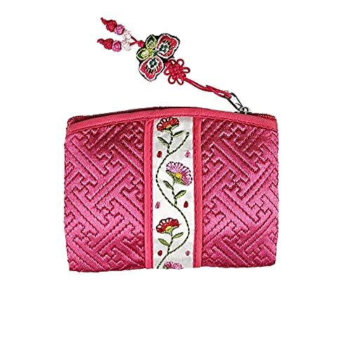Seoulful Vintage Korean Embroidered Card Pouch - Wildflower Design Coin Purse with Butterfly Charm - Traditional Korean New Year & Chuseok Gift (Pink) - color: Pink