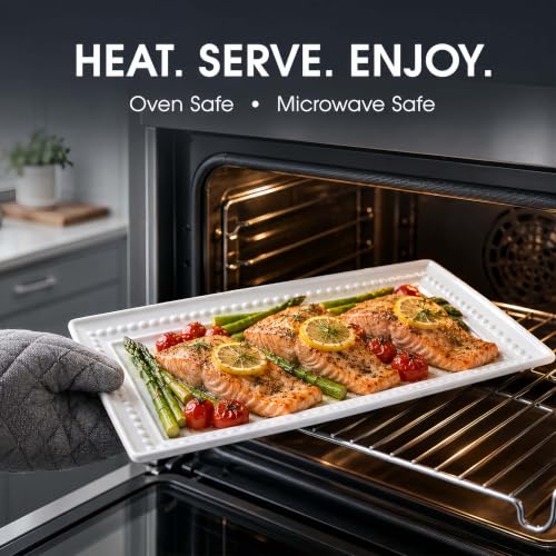 14 inch Ceramic Serving Platter - Rectangular Serving Trays Set of 4, Large Embossed Plates, Porcelain White Platters for Steak, Appetizer, Dessert, Tacos, Housewarming, Oven Dishwasher Safe - color: White 3