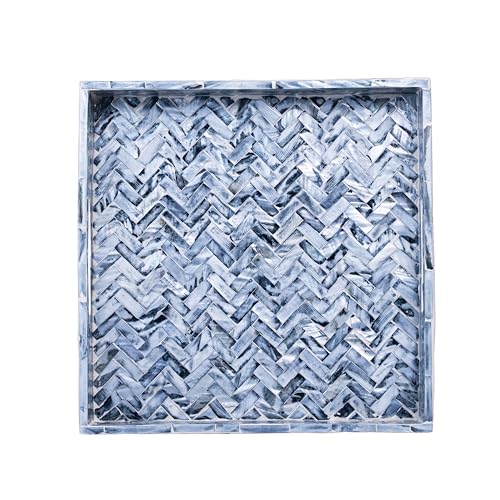PEMAR Mother of Pearl Square Tray 12x12, Smoky Blue Herringbone Tray - color: Midnight Blue Herringbone