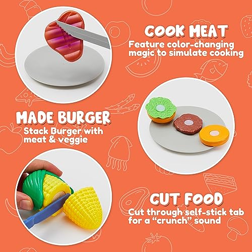 Kids BBQ Grill Playset, Kitchen Toy Set with Pretend Smoke, Light, Sound & Color-Changing Food, Play Kitchen Accessories, Indoor Outdoor Cooking Toy for Boys Girls Kids Birthday Gift
