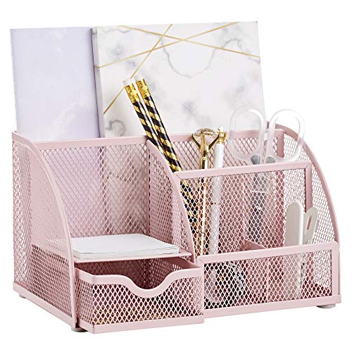 Annova Mesh Desk Organizer Office with 7 Compartments + Drawer/Desk Tidy Candy/Pen Holder/Multifunctional Organizer (Light Pink) - color: Light Pink