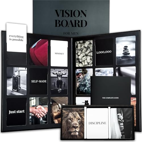 Vision Board Kit for Men - 168 Cards with Diverse Pictures & Quotes, Black Foldable Board & Complete Guide Book | Manifestation Clip Art Collage Supplies for Male Adults | No Old Magazines Needed - color: Vision Board Kit for Men