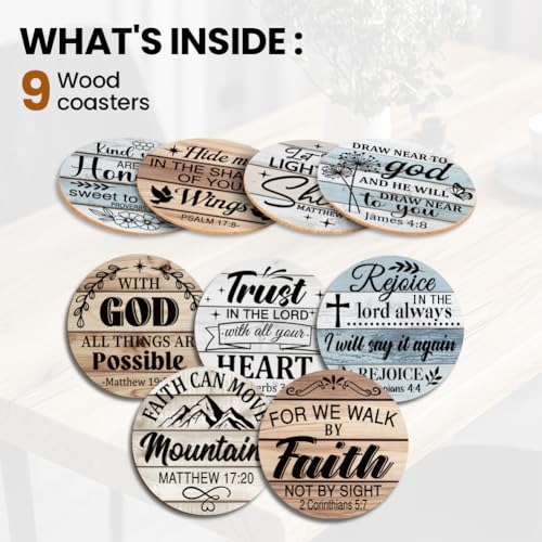 ANATTASOUL Bible Verses Wooden Coasters Set of 9 Bulk(3.9") - style: Bible Verses