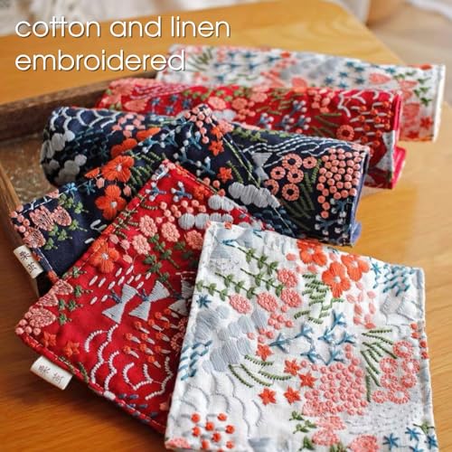Pastoral Style Embroidered Fabric Coasters 4 Inch for Glass Cup Ceramic Cup, Japanese Style Deco for Kitchen Tea Table Cup Mat Cushion Pad (style01-navy)