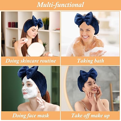 Shintop Soft Face Wash Headband with Cute Bow for Makeup Spa（Navy blue） - color: Navy blue