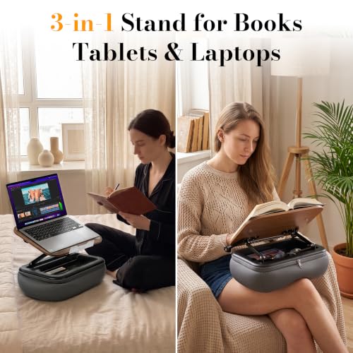 Rimkoo 3-in-1 Lap Desk for 15.6" Laptop, Reading Book & Tablet, Elevated Pillow Stand with Storage & Dark Wood Panel, Adjustable Multi-Angle Beanbag Holder for Bed, Couch & Sofa
