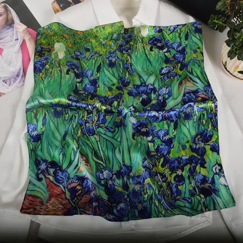 Women 100% Mulberry Silk Neck Scarf 21" Square Floral Neckerchief - color: Blue Green Iris