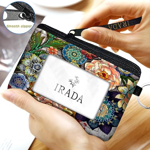 IRADA ID Case Wallet Keychain with Clear ID Window Zipper Cute Coin Purse for Women Water Resistant Small Coin Pouch-Boho Floral Keychain Wallet - color: Boho Floral-Keychain Wallet