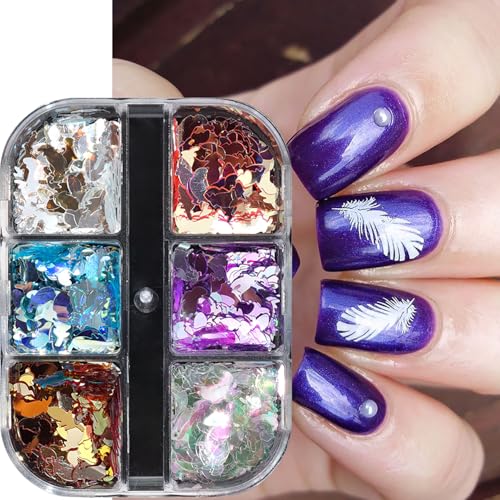 Laser Feather Glitter Sequins Nail Accessories Mix 6 Colors Manicure Feather Nail Art Glitter Flakes 3D Nails Supplies Jewelry Studs Nail Decoration Kit Suitable for Women Sparkly Acrylivc Nail