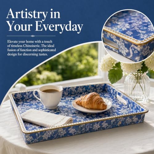 Rectangular Decorative Serving Tray with Handles,Vintage Blue White Floral Pattern Gold Trim Glossy Ottoman Coffee Table Tray,Multipurpose Vanity Tray for Jewelry Home Decor. 15.7" x 11.8" - color: Blue