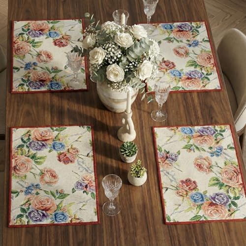 DaDa Bedding Vintage Romantic Roses Floral Dining Table Placemats - Set of 4-Pieces Tapestry Lovely Valentine Blossoms Spring Summer Garden - Decorative Linen Woven Kitchen Mats - 13” x 19” (879) - color: Romantic Roses
