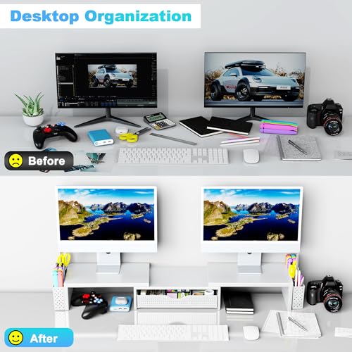 Spacrea Dual Monitor Stand Riser with Drawer and 2 Pen Holders - color: White