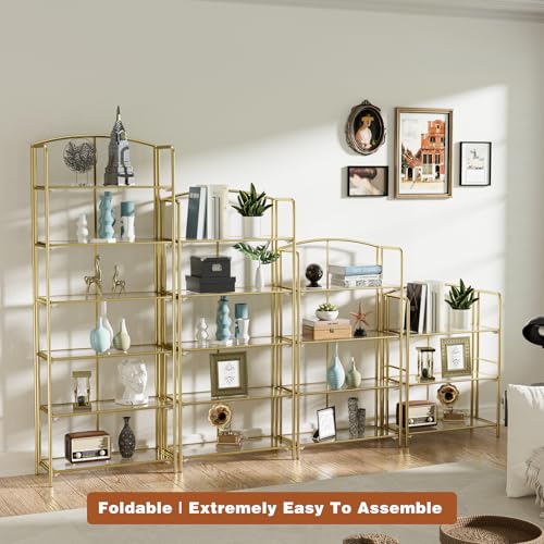 Crofy 4-Tier Wider Foldable Bookshelf, Gold Frame & Transparent Shelves - color: Gold Frame & Transparent Shelf, size: 4 Tier Wider