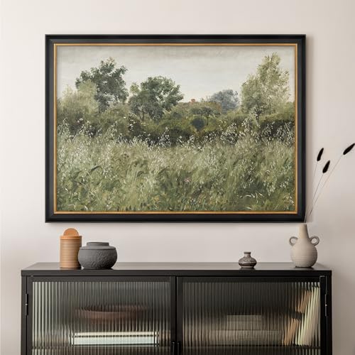 MUDECOR Premium Framed Wall Art Sage Green Forest Tree Flower Field Landscape Nature Wilderness Illustrations Fine Art Farmhouse Floral Botanical for Living Room, Bedroom, Office - 26"x36" Black - color: A07-2308-na05, size: 36"L x 26"W, style: Black Fram