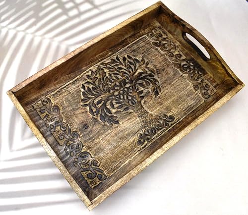 Wooden Serving Tray with Handles – 15 x 10 Inch Handcrafted Rectangular Tray for Snacks, Coffee, Tea, Dinner & Breakfast – Rustic Platter for Kitchen & Dining - color: Tree of Life - 15 X 10 Inch