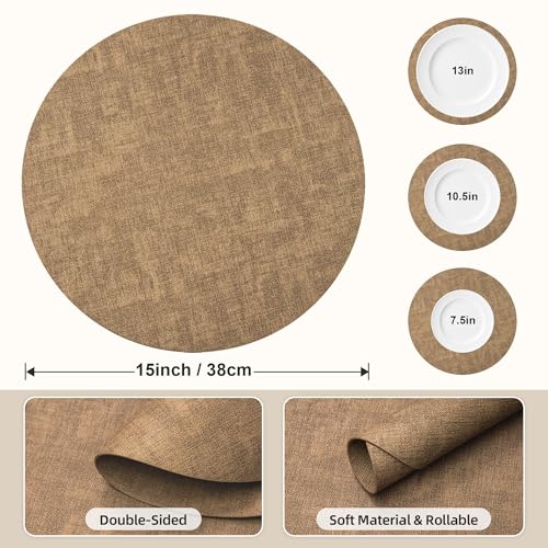 Placemats Set of 6, 15 Inch Round Faux Leather Place Mats - color: R-brown