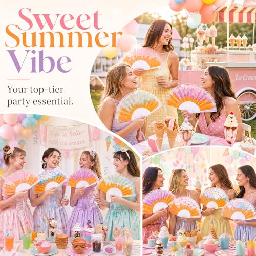 12 Pack Ice Cream Party Favors Hand Fans Bulk, Folding Fans with Tassel - color: 4 Colors, size: Ice Cream