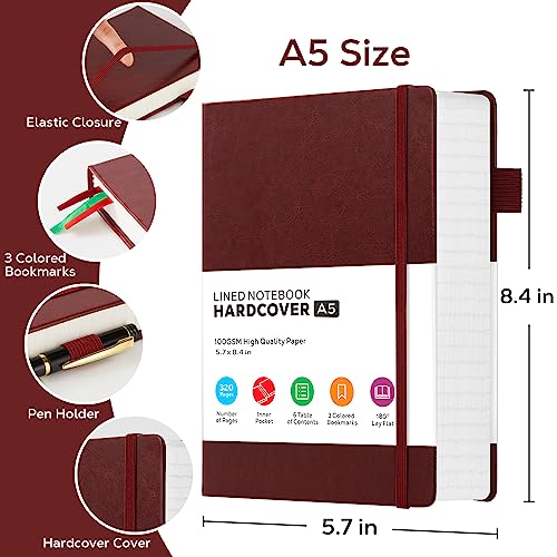 FOCUS DAY Lined Thick Journal Notebook for Writing Women Men, 320 Pages, Medium 5.7 inches x 8.4 inches, Hardcover Leather Notebook with 100 gsm Thick Paper, Burgundy - color: 4.Burgundy, size: A5
