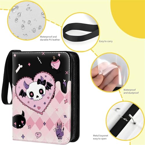 Card Binder 400 Pockets, 50 Sleeves Large Binder Trading Cards Holder 4 Pocket, Storage Organizer, Album Folder Case Protector Collector Gift Heart Skull Pink Plaid - color: Heart Skull Pink Plaid, size: 4 Pocket
